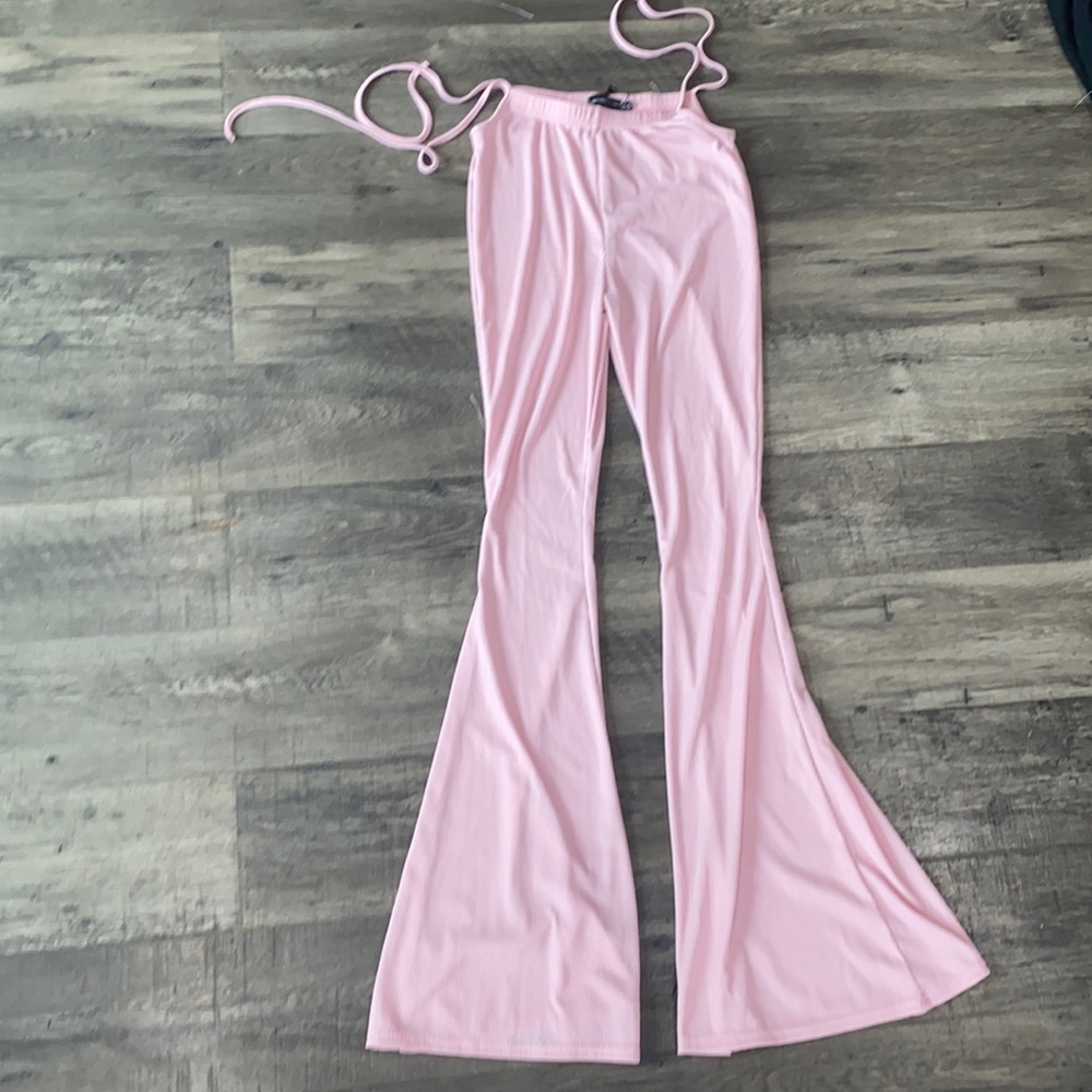 Pink Tie Side Ribbed Flare Trouser